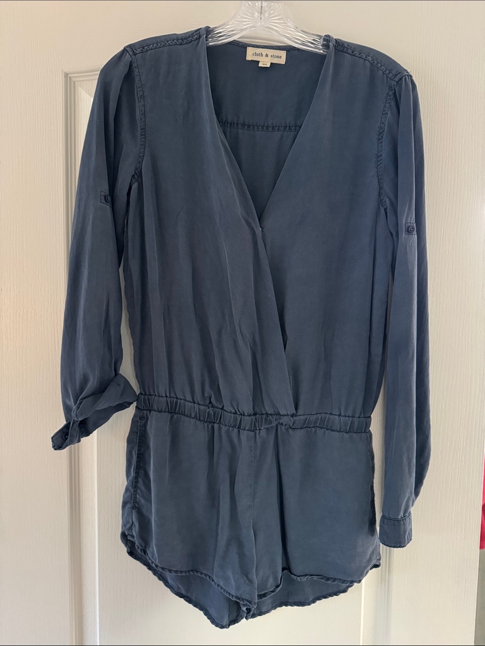 cloth & stone navy long-sleeve wrap bodysuit romper